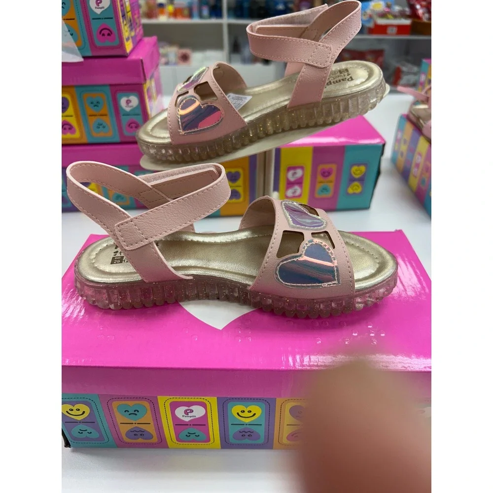 Pampili Girls Pink Holographic Heart Strappy Sandals Gold Footbed Size 12.5 US